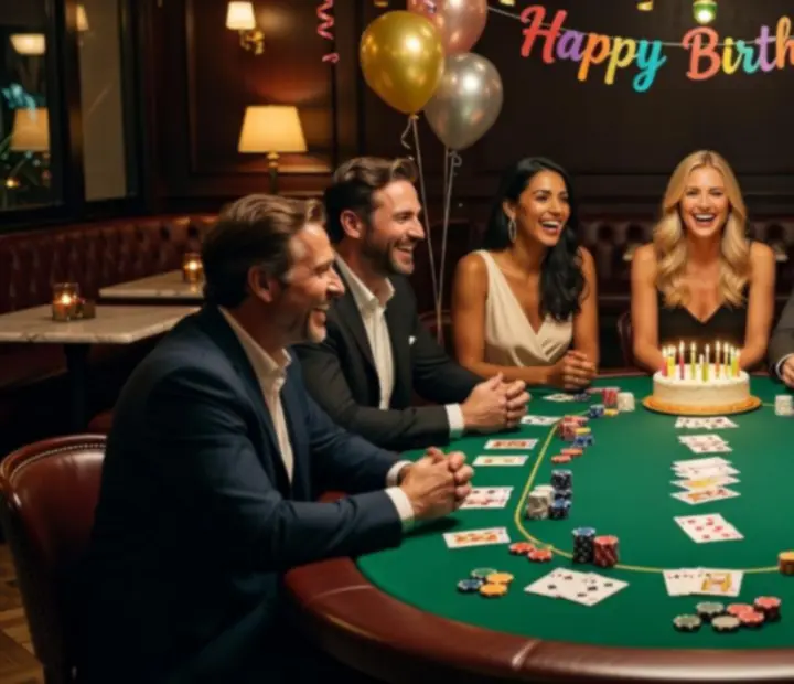 Goście przy stole pokerowym świętujący urodziny w restauracji
