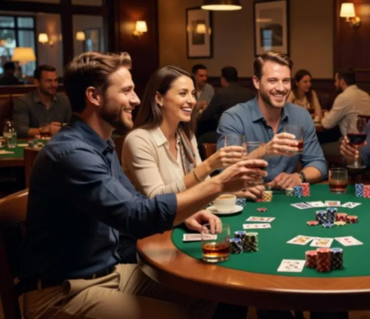 Zespół firmowy podczas integracyjnego wieczoru pokerowego przy restauracyjnym stole