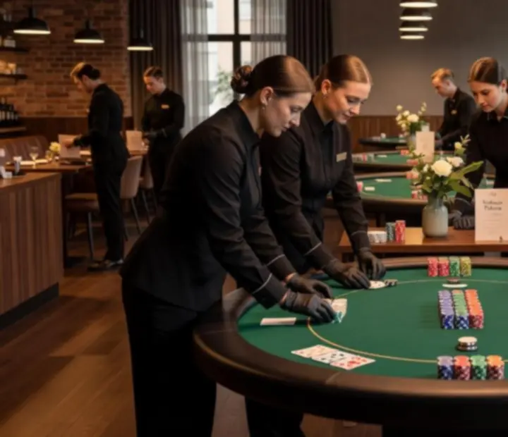 Zespół organizacyjny planujący przebieg wydarzenia pokerowego w restauracji