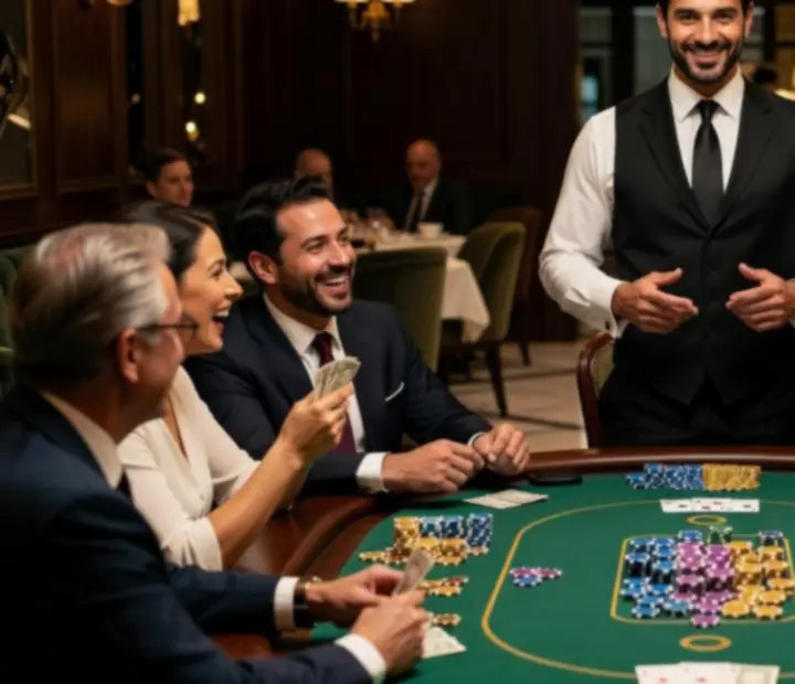 Profesjonalny dealer prowadzący wieczór pokerowy w restauracji partnerskiej