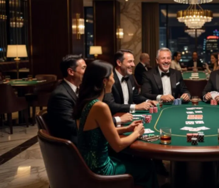 Elegancki wieczór pokerowy VIP w restauracji z gośćmi przy stołach